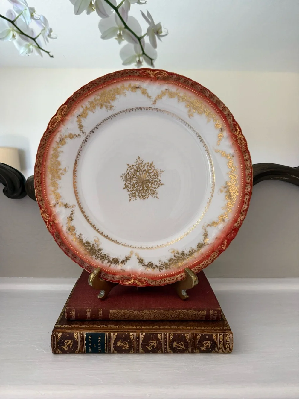 Limoges Coral and Gold Gilded Decorative Charger Plate